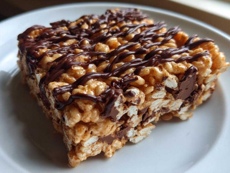 A close-up of a gooey peanut butter rice krispie treats square drizzled with melted chocolate.