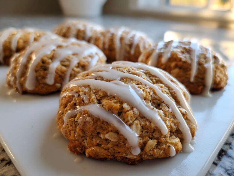 Close-up of soft, gooey persimmon cookies drizzled with white vanilla glaze on a white platter.