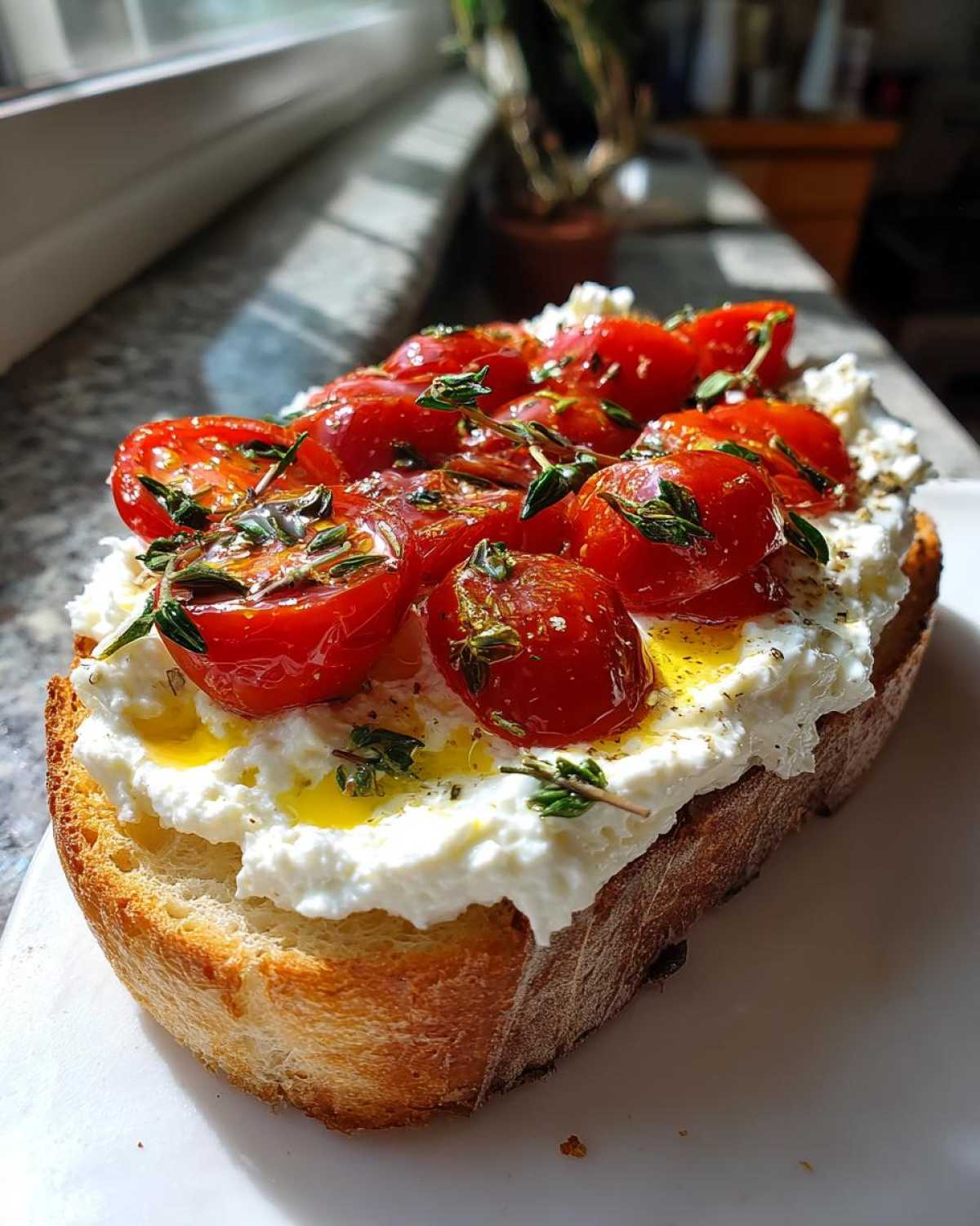 Close-up of gourmet ricotta toast topped with roasted cherry tomatoes, fresh thyme, and olive oil.