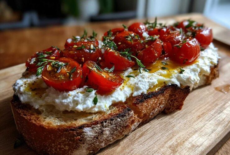A slice of toasted bread topped with creamy ricotta, roasted cherry tomatoes, olive oil, and fresh thyme for a perfect ricotta toast.
