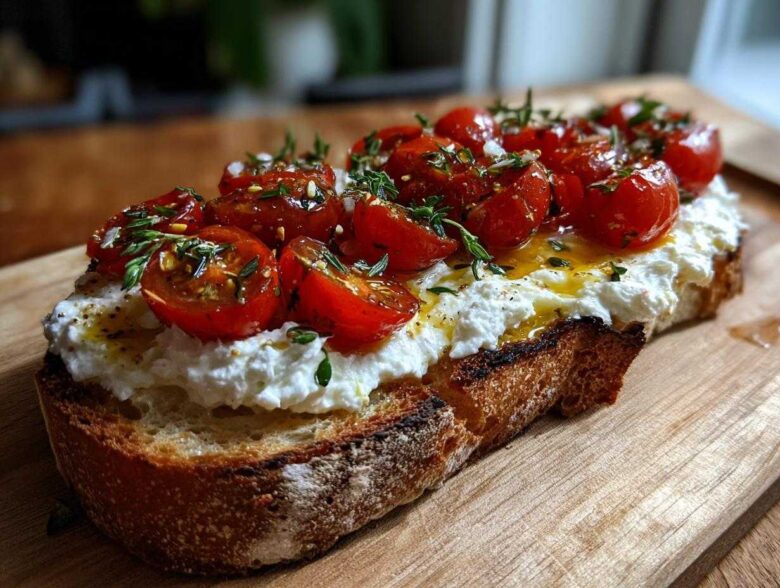 A slice of toasted bread topped with creamy ricotta, roasted cherry tomatoes, olive oil, and fresh thyme for a perfect ricotta toast.