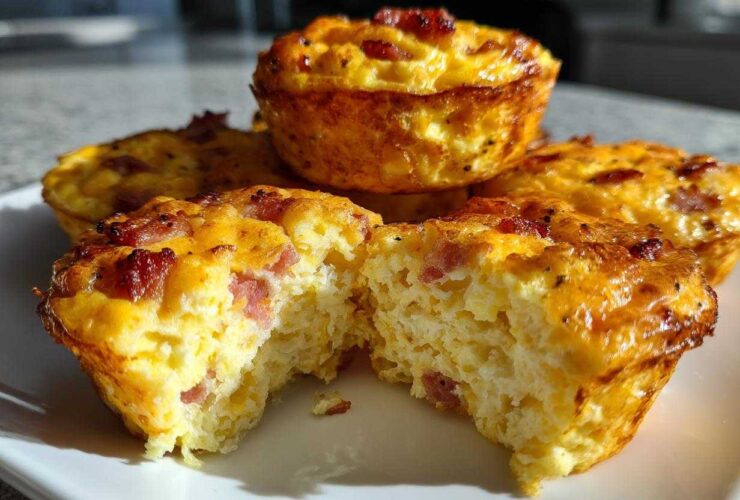 A close-up shot showing several golden-brown, high-protein egg bites, with one cut open to reveal a fluffy interior with bacon pieces.
