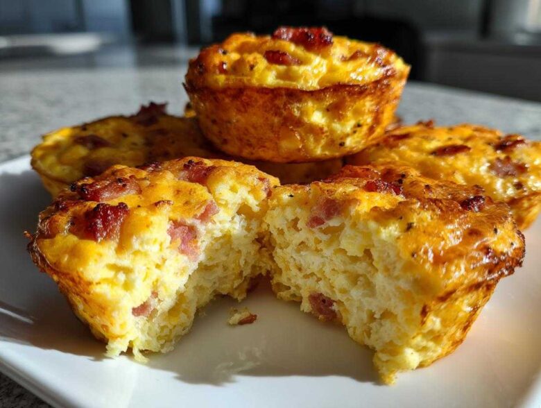 A close-up shot showing several golden-brown, high-protein egg bites, with one cut open to reveal a fluffy interior with bacon pieces.