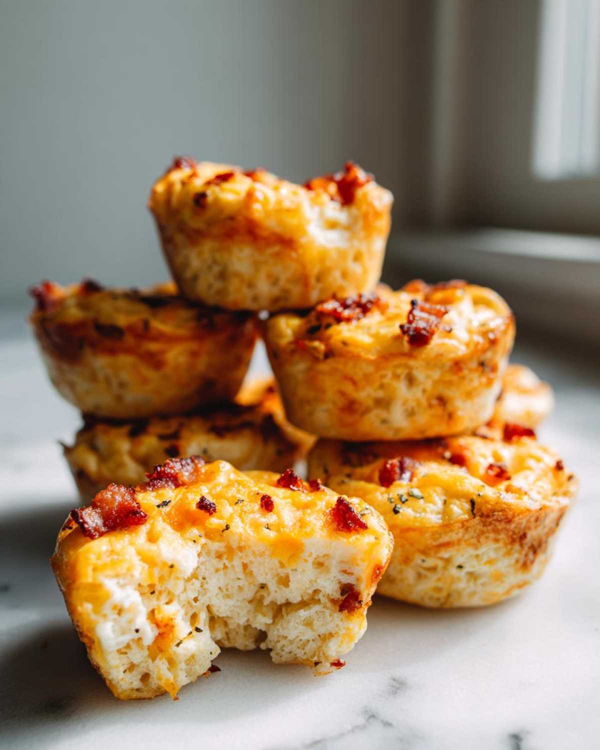 A stack of golden baked, high-protein egg bites topped with bacon bits, with one bite showing a fluffy interior.
