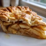 A close-up shot of a perfect slice of homemade apple pie showing flaky, golden crust and tender cinnamon-spiced apple filling.