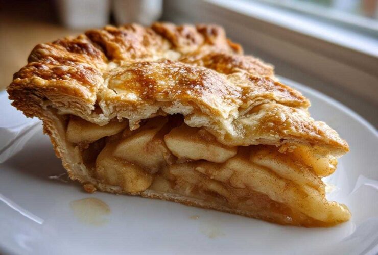 A close-up shot of a perfect slice of homemade apple pie showing flaky, golden crust and tender cinnamon-spiced apple filling.
