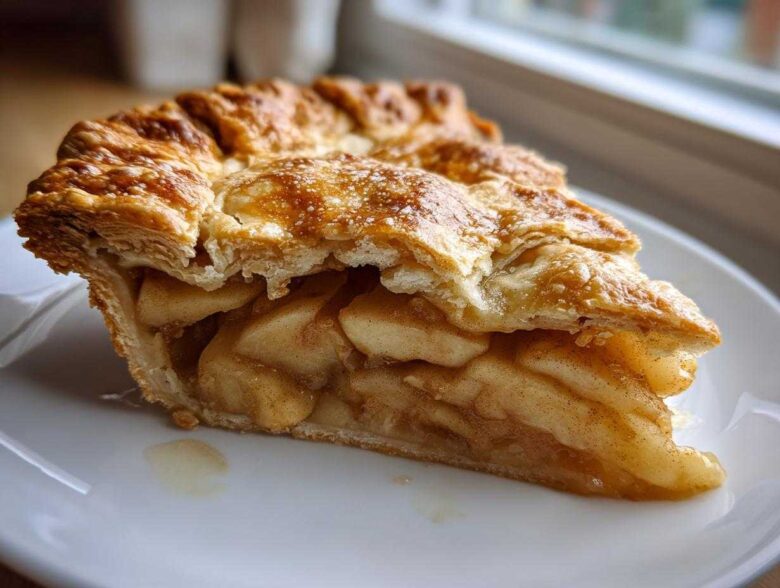 A close-up shot of a perfect slice of homemade apple pie showing flaky, golden crust and tender cinnamon-spiced apple filling.
