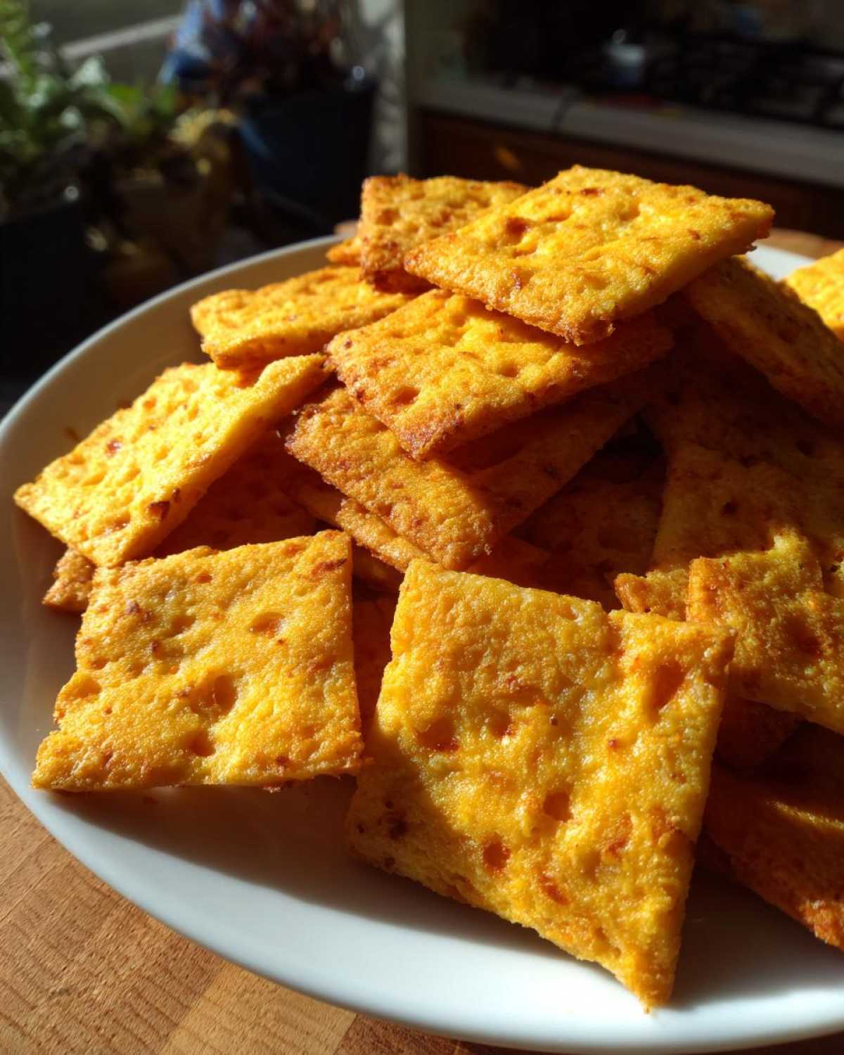 A close-up of golden, square homemade cheese crackers stacked on a white plate, catching bright sunlight.