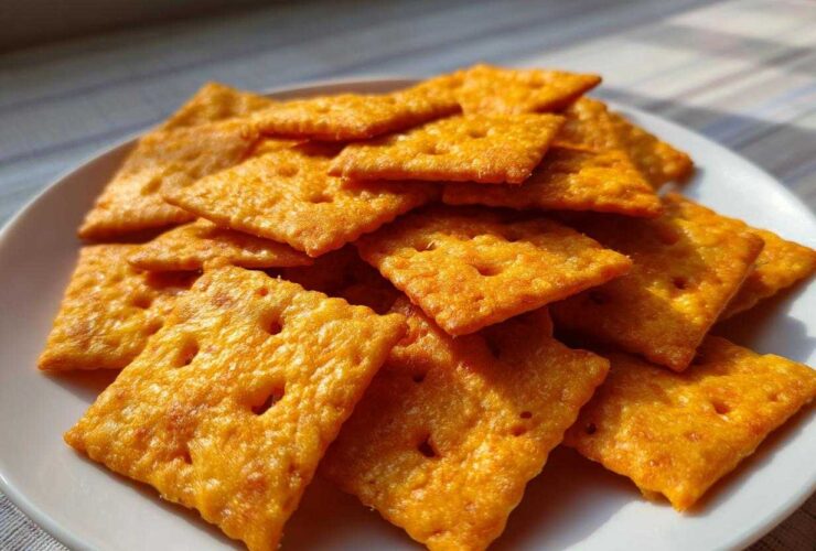 A pile of bright orange, square homemade cheese crackers with small holes, displayed on a white plate.