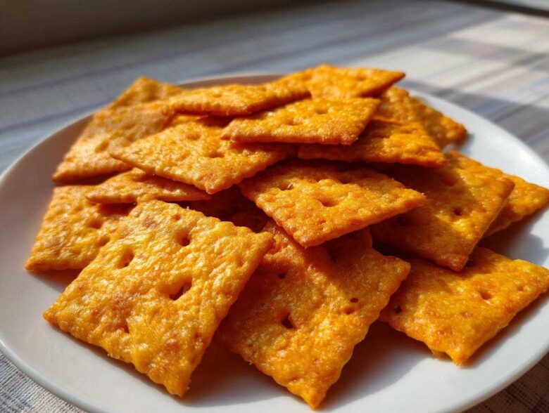 A pile of bright orange, square homemade cheese crackers with small holes, displayed on a white plate.