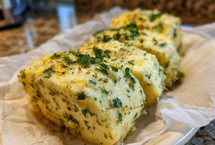 Three thick slices of homemade garlic butter mixed with green herbs, resting on parchment paper.