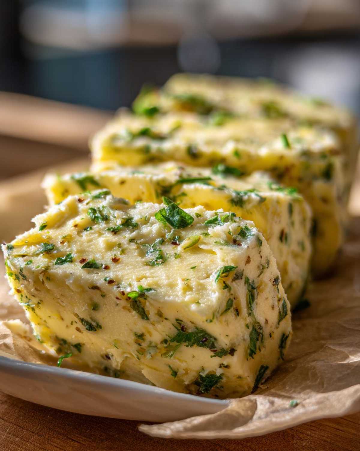 Close-up of thick slices of homemade garlic butter mixed with green herbs, ready to serve.