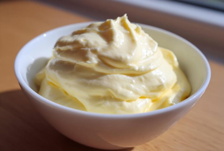 A close-up of freshly made, thick, and creamy homemade mayonnaise piled high in a small white bowl.