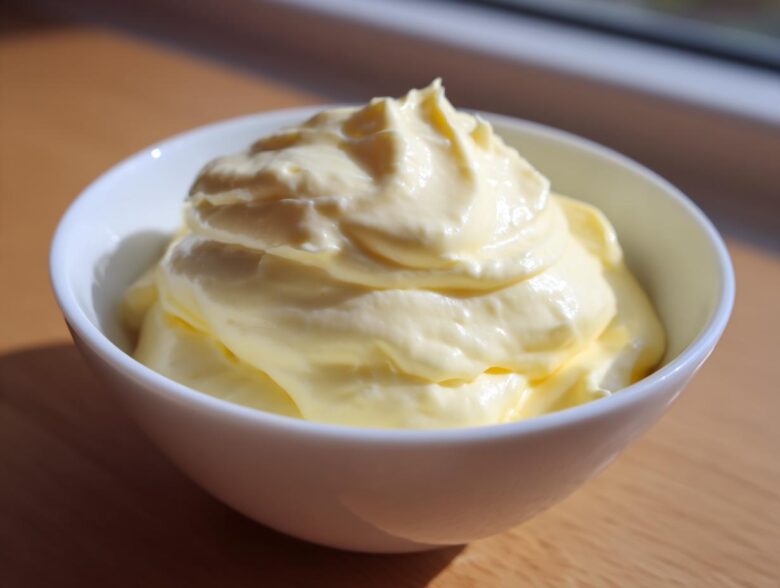 A close-up of freshly made, thick, and creamy homemade mayonnaise piled high in a small white bowl.