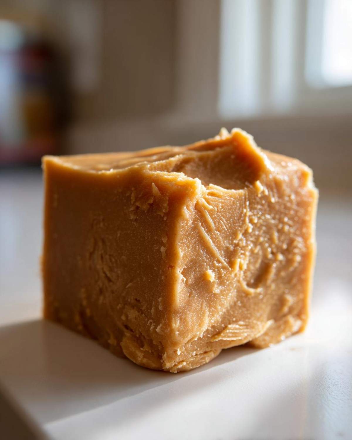 A single, thick square of creamy, light brown peanut butter fudge sitting on a white surface.