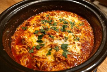 Close-up of bubbling chicken enchilada dip topped with melted cheese and fresh cilantro in a black slow cooker.