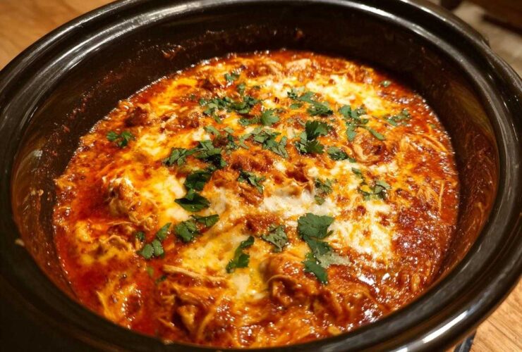 Close-up of bubbling chicken enchilada dip topped with melted cheese and fresh cilantro in a black slow cooker.