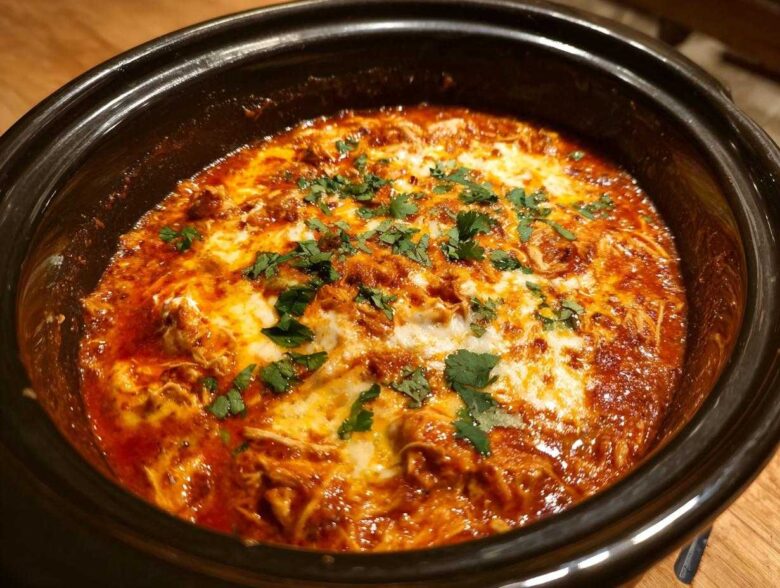 Close-up of bubbling chicken enchilada dip topped with melted cheese and fresh cilantro in a black slow cooker.