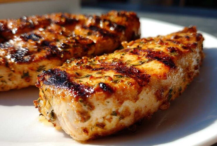 Close-up of two perfectly grilled chicken breasts coated in a rich, herb-flecked chicken marinade, showing char marks.