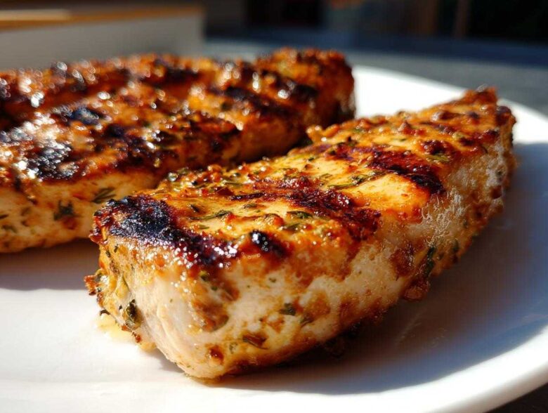 Close-up of two perfectly grilled chicken breasts coated in a rich, herb-flecked chicken marinade, showing char marks.