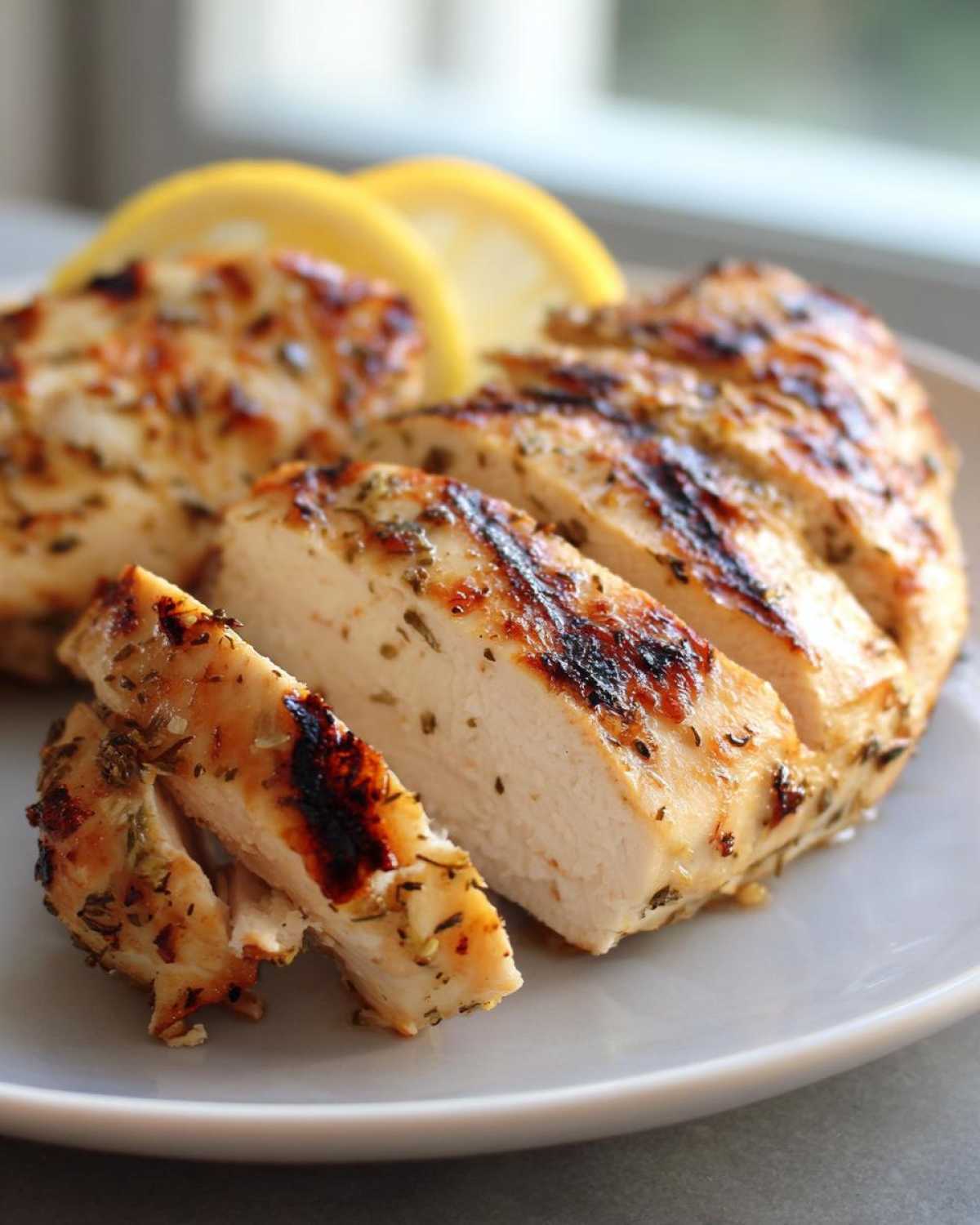 Close-up of sliced, grilled chicken breast seasoned with herbs, showing its juicy interior after using the perfect chicken marinade.