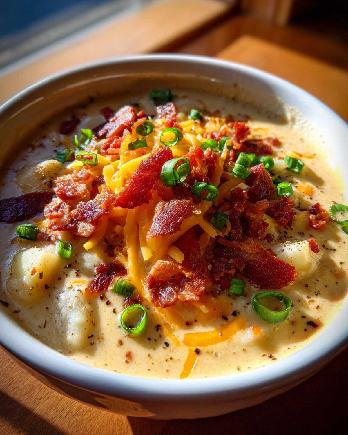 Close-up of a creamy bowl of potato soup recipe topped generously with bacon, shredded cheese, and green onions.