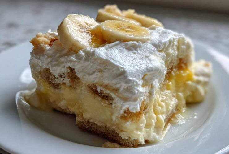 Close-up of a single serving of creamy banana pudding layered with vanilla wafers and topped with whipped cream and banana slices.