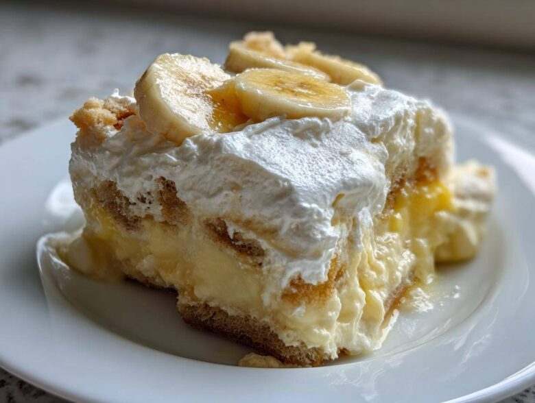 Close-up of a single serving of creamy banana pudding layered with vanilla wafers and topped with whipped cream and banana slices.