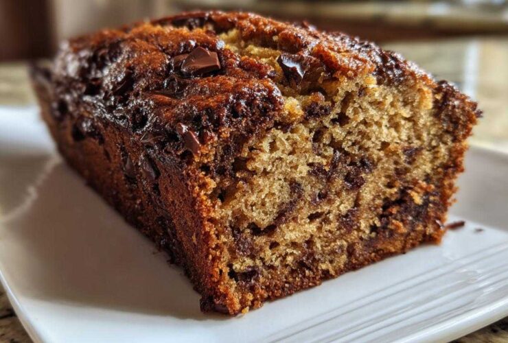 Close-up of a slice of moist banana bread recipe, featuring a dark, caramelized crust and visible chocolate chips.