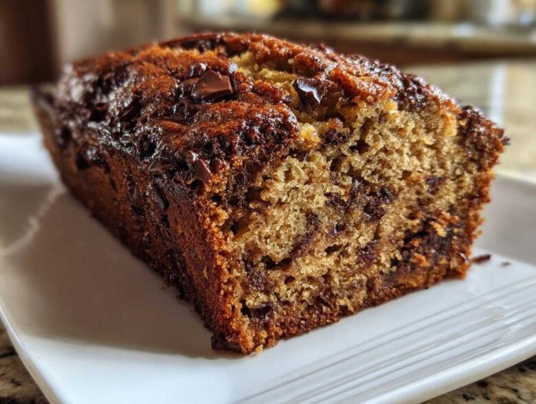 Close-up of a slice of moist banana bread recipe, featuring a dark, caramelized crust and visible chocolate chips.