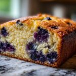Close-up of a moist slice of blueberry banana bread showing the golden crumb and burst blueberries.