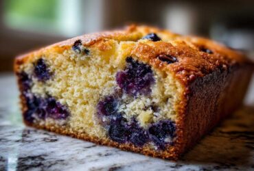 Close-up of a moist slice of blueberry banana bread showing the golden crumb and burst blueberries.
