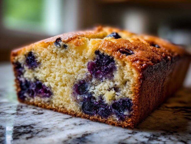 Close-up of a moist slice of blueberry banana bread showing the golden crumb and burst blueberries.
