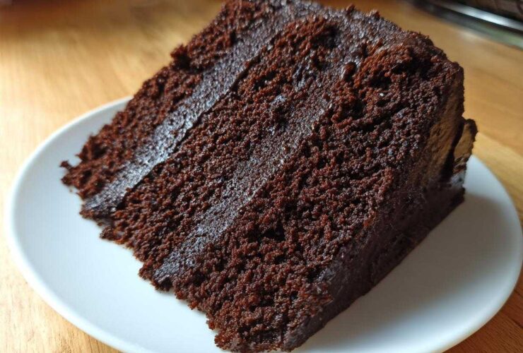 Close-up of a rich, dark slice of chocolate cake recipe with moist crumb and frosting.