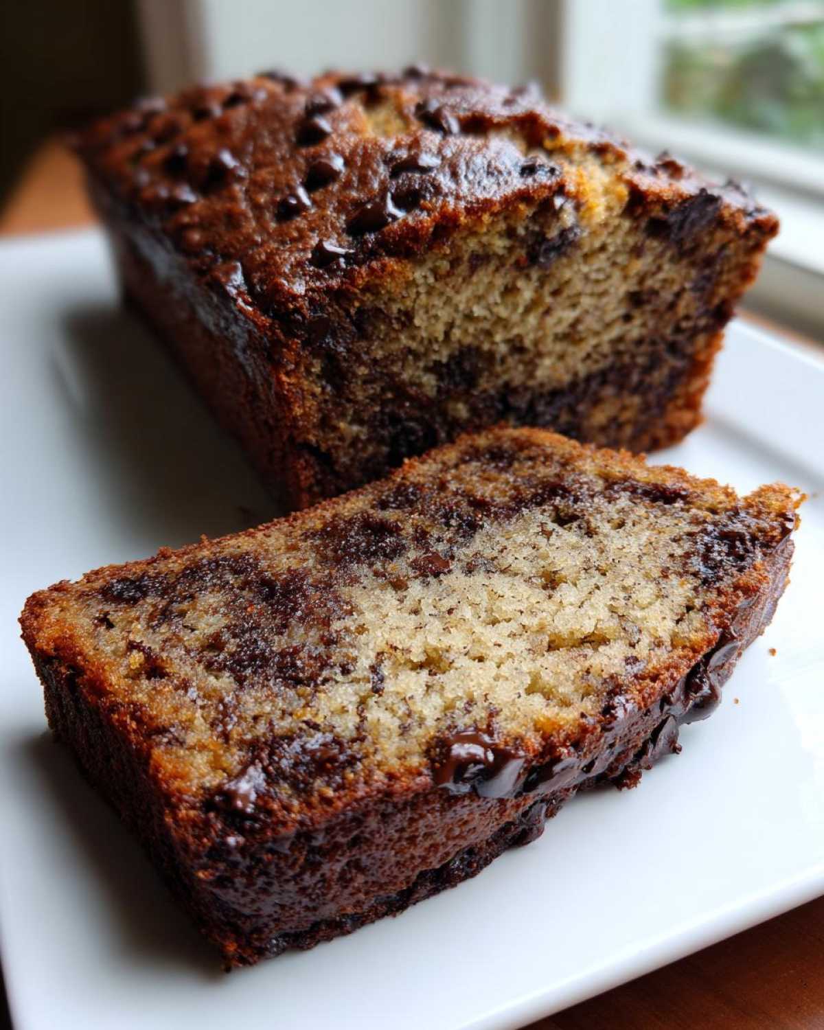 A close-up of a slice of moist banana bread recipe loaded with melted chocolate chips.