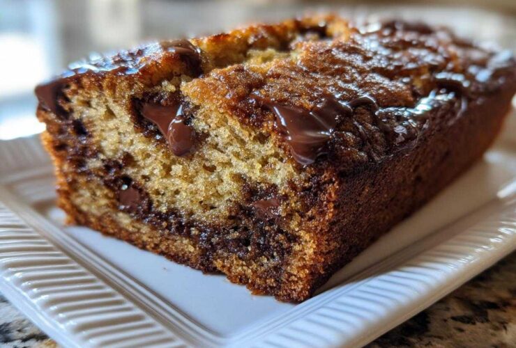 A close-up of a moist slice of chocolate chip banana bread recipe loaf with melted chocolate drizzled on top.