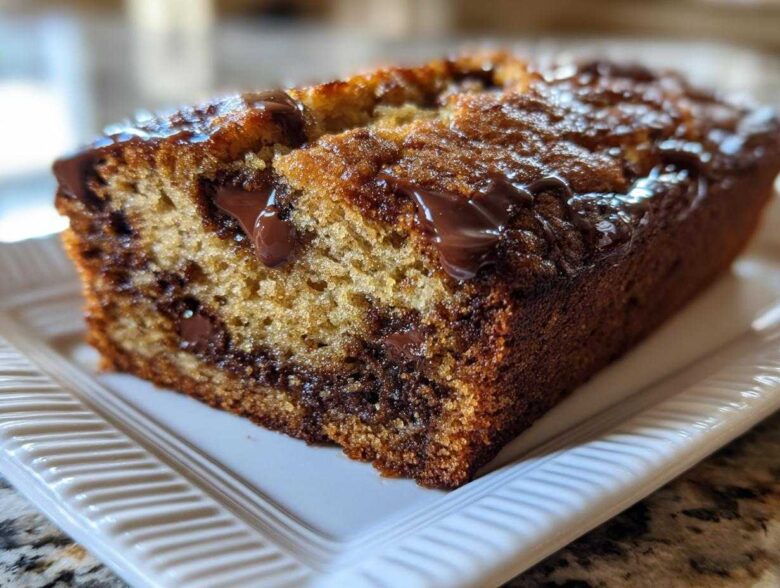 A close-up of a moist slice of chocolate chip banana bread recipe loaf with melted chocolate drizzled on top.