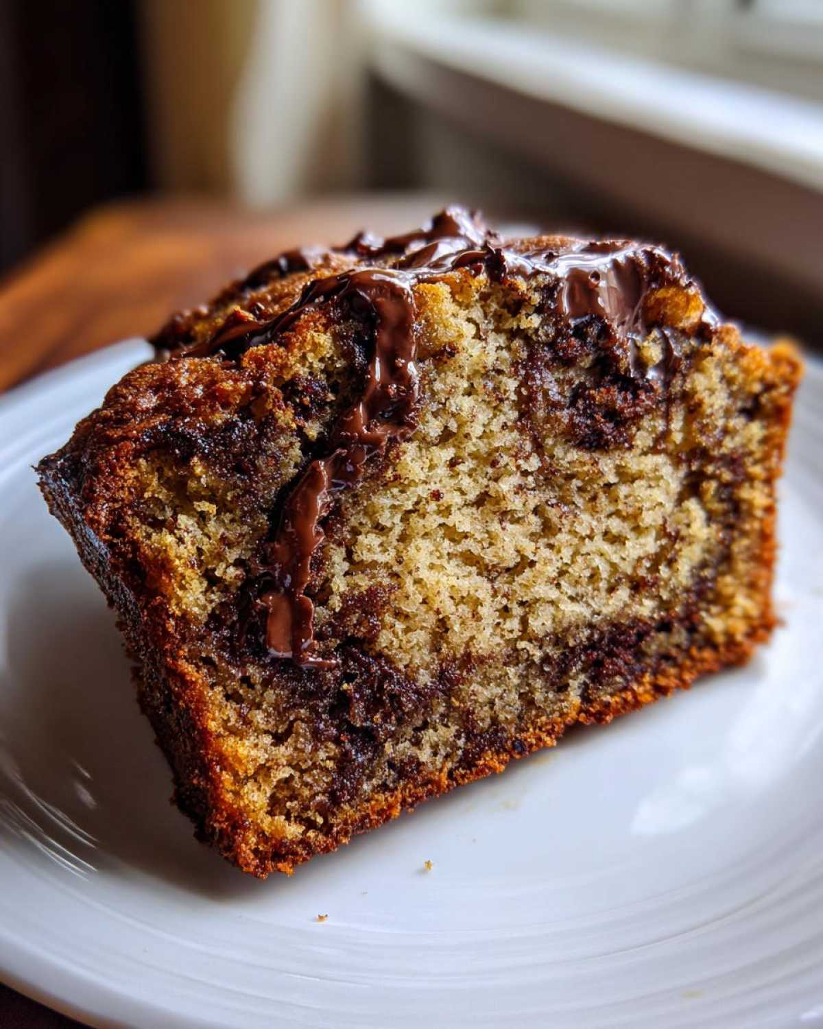 Close-up of a moist slice of chocolate chip banana bread recipe with melted chocolate drizzle on top.