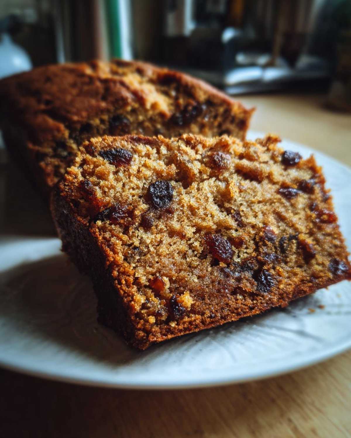 Close-up of a thick slice of moist traditional fruit cake packed with dark raisins, sitting on a plate.