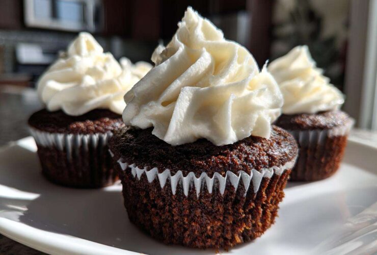 Three moist gingerbread cupcakes topped with swirls of thick white cream cheese frosting, presented on a white plate.