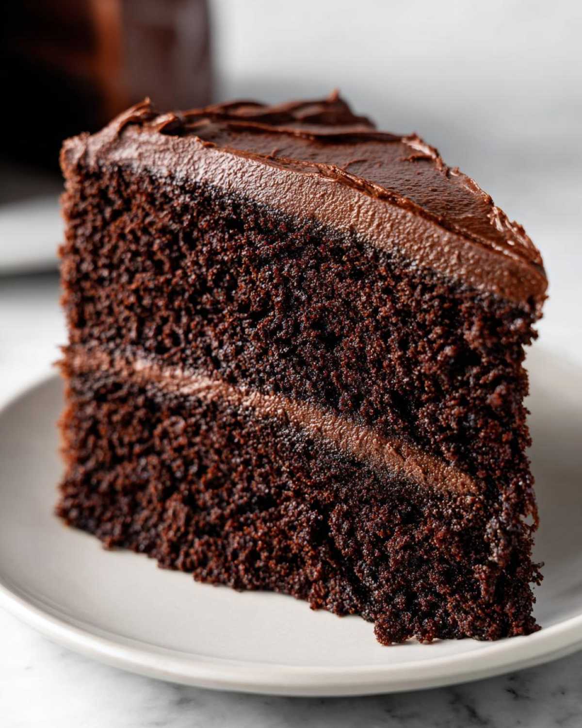 Close-up of a thick slice of moist homemade chocolate cake layered with dark chocolate frosting.
