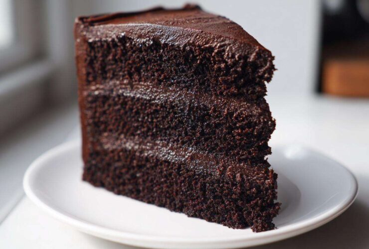 A close-up of a tall, moist slice of homemade chocolate cake layered with dark chocolate frosting on a white plate.