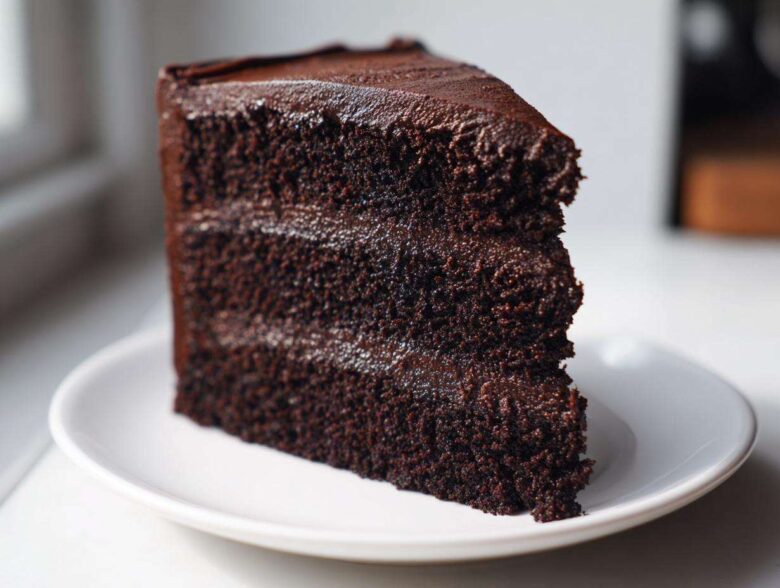 A close-up of a tall, moist slice of homemade chocolate cake layered with dark chocolate frosting on a white plate.