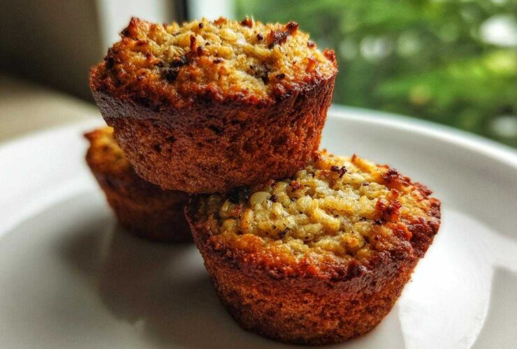 Three golden-brown, moist oatmeal muffins stacked on a white plate with a blurred green background.