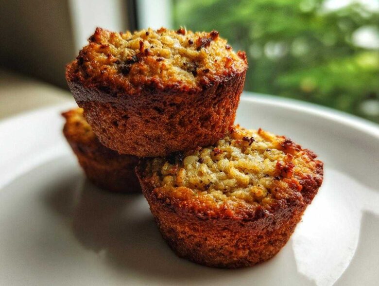 Three golden-brown, moist oatmeal muffins stacked on a white plate with a blurred green background.