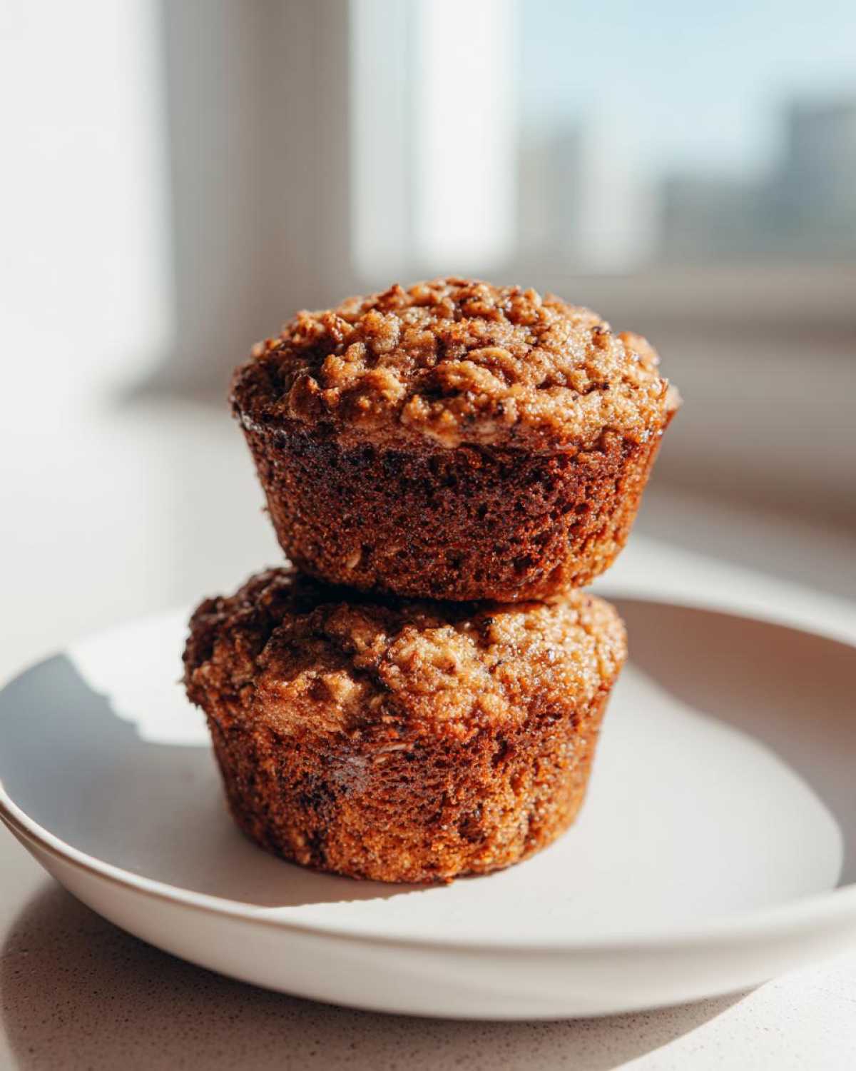 Two perfectly baked, moist oatmeal muffins stacked on a light plate, featuring a crunchy brown sugar crumb topping.