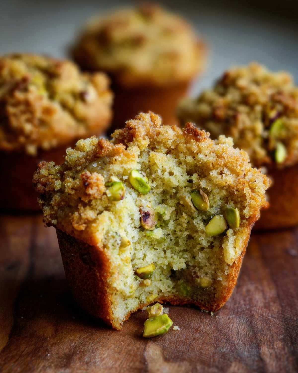 Close-up of a moist pistachio muffin with a bite taken out, showing green pistachio pieces and a crumb topping.
