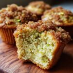 Close-up of a moist pistachio muffins half, showing the green pistachio pieces and crumb topping.