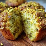 Close-up of a moist pistachio muffin cut in half, revealing the green crumb and crunchy pistachio topping.