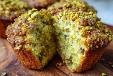 Close-up of a moist pistachio muffin cut in half, revealing the green crumb and crunchy pistachio topping.